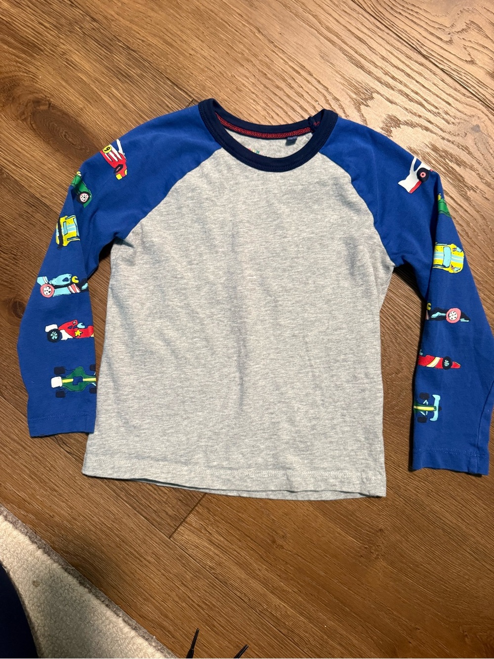 Mini Boden Grey Body with Blue Car-Print Raglan Long Sleeve Tee
